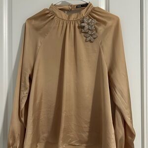 Zara Women's Beige/Gold Blouse with Floral Embellishment